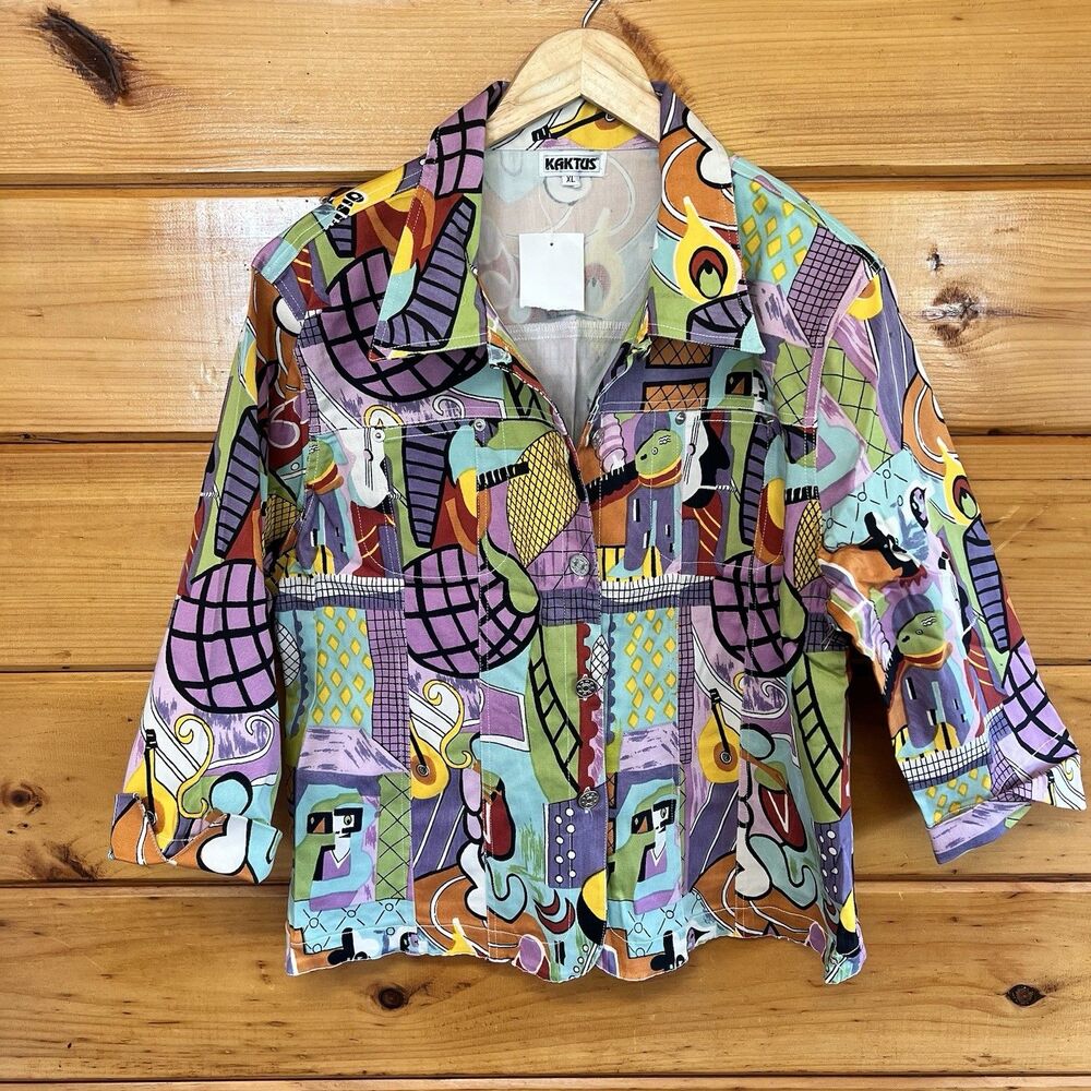 Kaktus Jacket Art To Wear 90s VTG Artsy Abstract Picasso Music Teacher Print XL